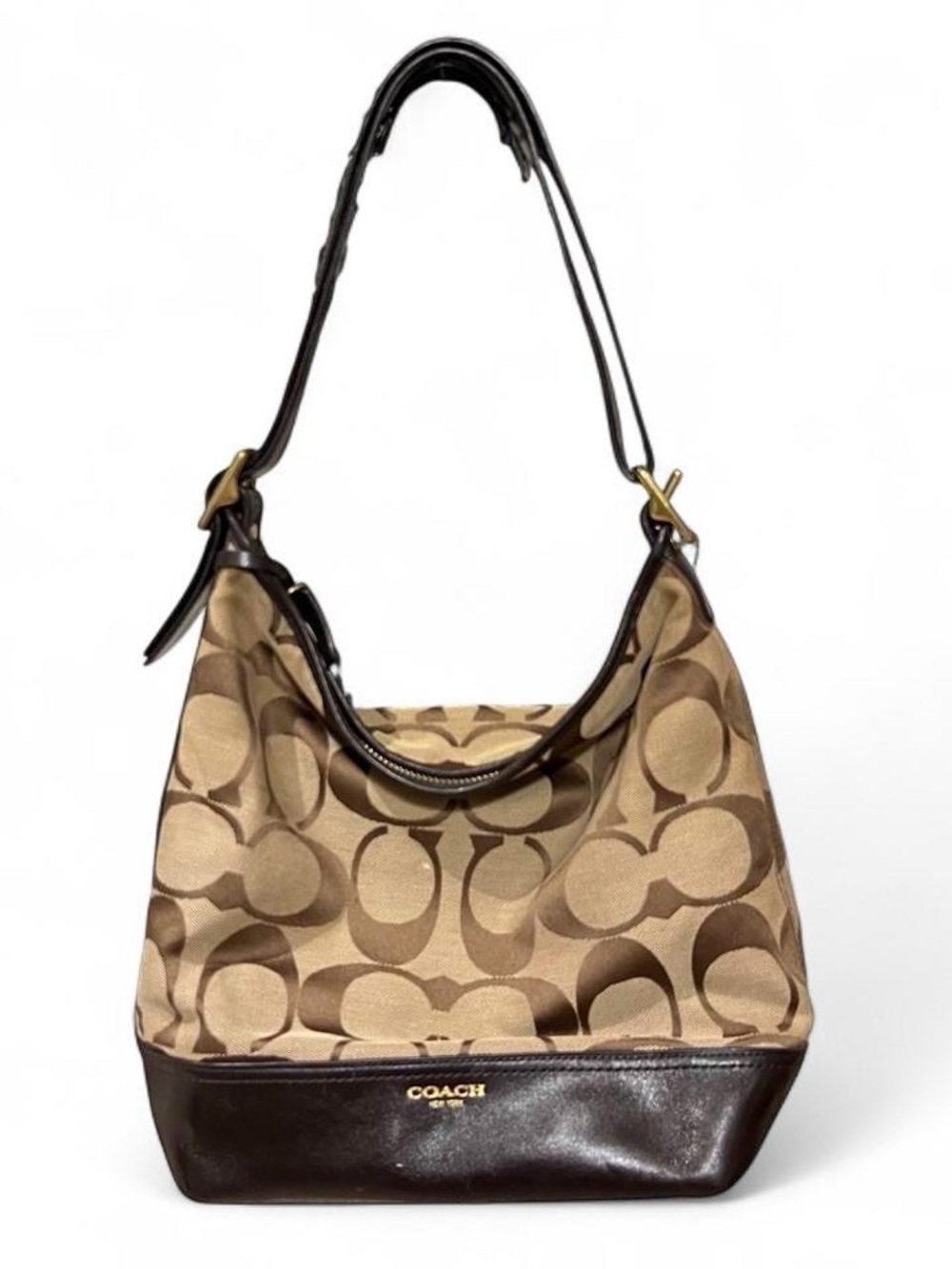 Coach Khaki and Brown Signature Canvas Shoulder Bag